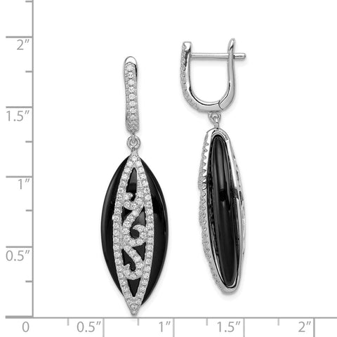 Sterling Silver Rhodium-plated CZ and Onyx Hinged Hoop Earrings-WBC-QE12338