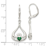 Sterling Silver Green CZ Heart Leverback Claddagh Dangle Earrings-WBC-QE12571