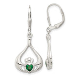 Sterling Silver Green CZ Heart Leverback Claddagh Dangle Earrings-WBC-QE12571