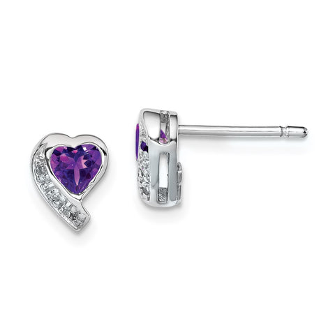 Sterling Silver Rhodium-plated Amethyst and Diamond Heart Earrings-WBC-QE12618AM