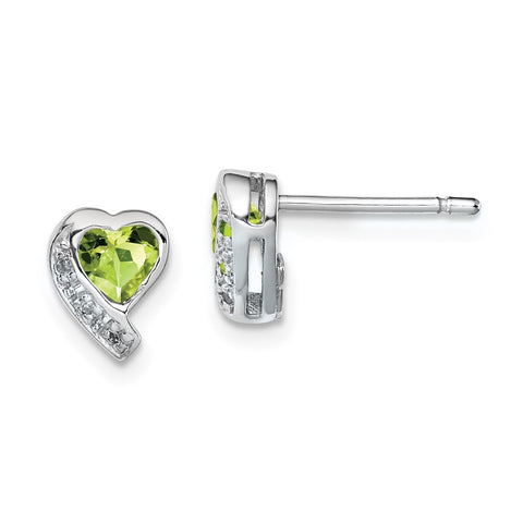 Sterling Silver Rhodium-plated Peridot and Diamond Heart Earrings-WBC-QE12618PE