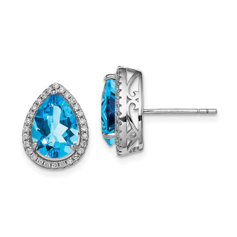 Sterling Silver Rhodium Polished Blue Topaz & CZ Post Earrings-WBC-QE12637DEC