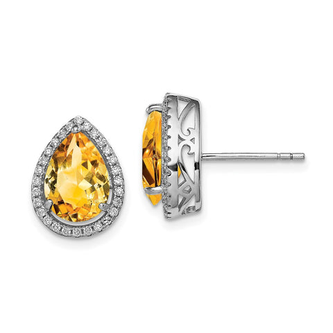 Sterling Silver Rhodium Polished Citrine & CZ Post Earrings-WBC-QE12637NOV