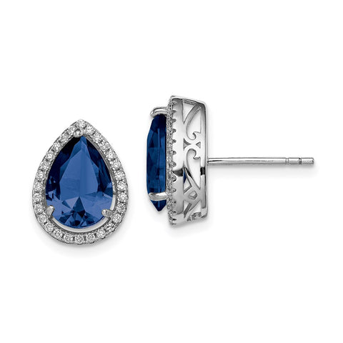 Sterling Silver Rhodium Created Sapphire & CZ Post Earrings-WBC-QE12637SEP