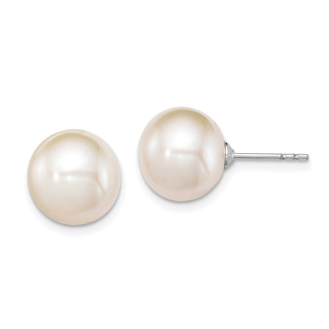 Sterling Silver Rh-plated 10-11mm White FWC Round Pearl Earrings-WBC-QE12737