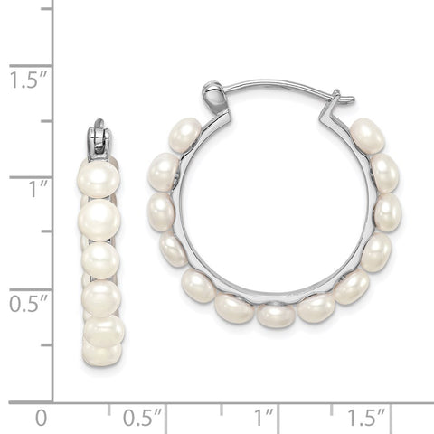 Sterling Silver Rhodium-plated 4-5mm White FWC Pearl Hoops-WBC-QE12753