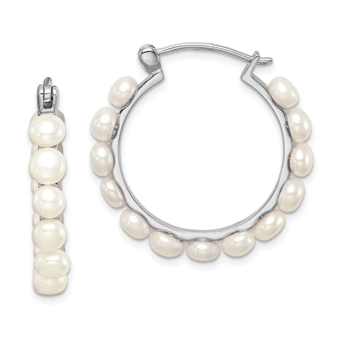 Sterling Silver Rhodium-plated 4-5mm White FWC Pearl Hoops-WBC-QE12753