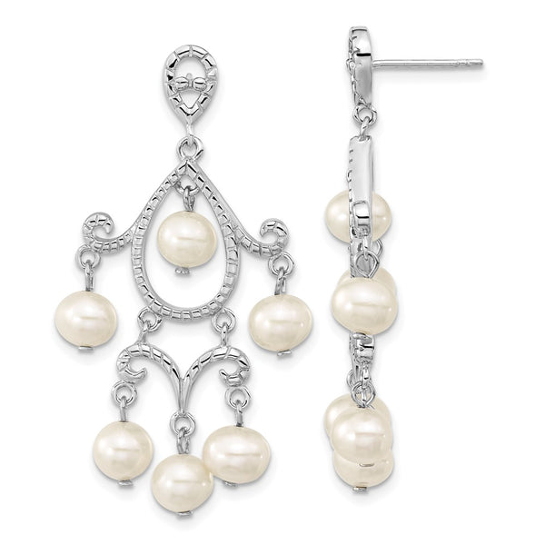 Sterling Silver Rhodium 5-6mm White FWC Pearl Post Dangle Earrings-WBC-QE12756