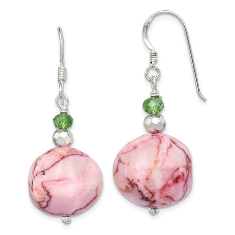 Sterling Silver Clear, Green and Silver Crystal, Pink Jasper Earrings-WBC-QE12840