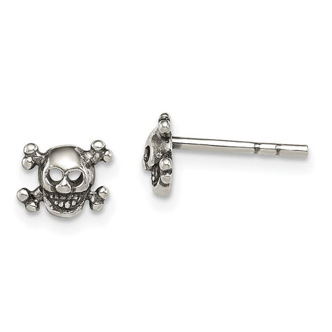 Sterling Silver Polished and Antiqued Skull Post Earrings-WBC-QE12962