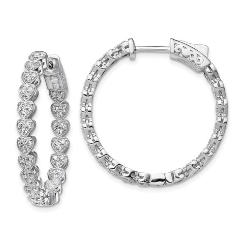 Sterling Silver Rhodium-plated CZ In & Out Heart Round Hoop Earrings-WBC-QE13015