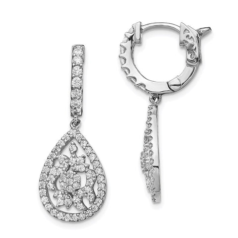 Sterling Silver Rhodium-plated CZ Hinged Hoop Dangle Earrings-WBC-QE13020