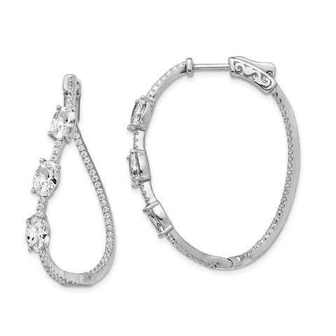Sterling Silver Polished Curvy Oval CZ In and Out Oval Hoop Earrings-WBC-QE13025