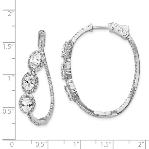 Sterling Silver Polished Curvy Oval Halo CZ In and Out Oval Hoop Earrings-WBC-QE13026