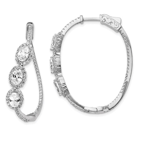 Sterling Silver Polished Curvy Oval Halo CZ In and Out Oval Hoop Earrings-WBC-QE13026