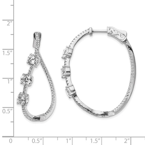Sterling Silver Polished Curvy Round CZ In and Out Oval Hoop Earrings-WBC-QE13027
