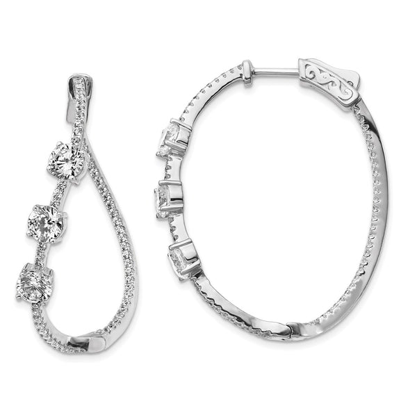 Sterling Silver Polished Curvy Round CZ In and Out Oval Hoop Earrings-WBC-QE13027