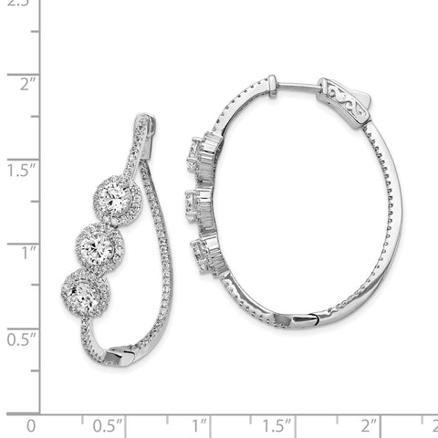 Sterling Silver Polished Curvy Round Halo CZ In and Out Oval Hoop Earrings-WBC-QE13028