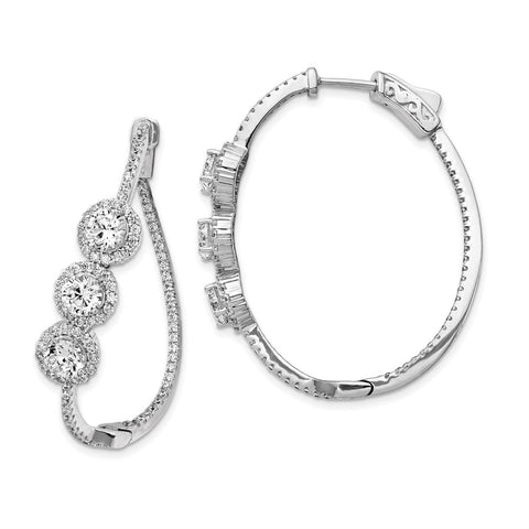 Sterling Silver Polished Curvy Round Halo CZ In and Out Oval Hoop Earrings-WBC-QE13028