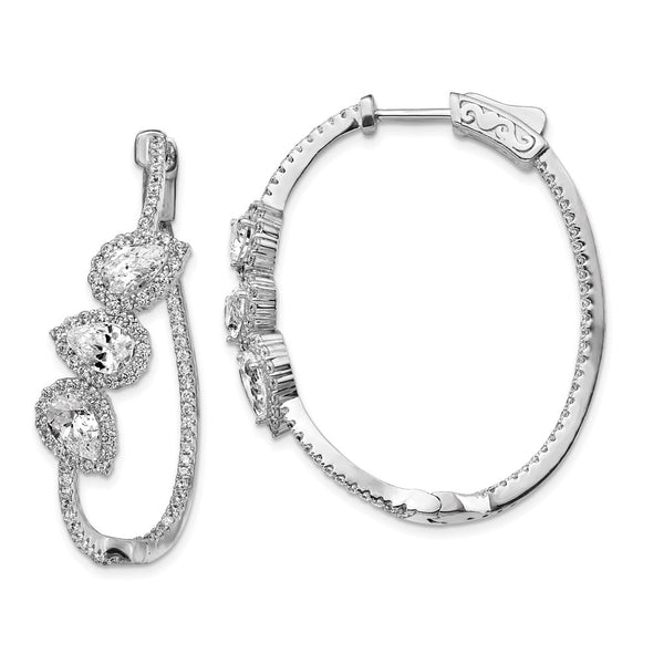 Sterling Silver Polished Curvy Pear Halo CZ In and Out Oval Hoop Earrings-WBC-QE13029