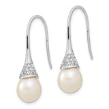 Sterling Silver Rhodium-plated 9-10mm Rice FWC Pearl CZ Dangle Earrings-WBC-QE13085