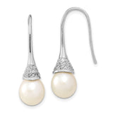 Sterling Silver Rhodium-plated 9-10mm Rice FWC Pearl CZ Dangle Earrings-WBC-QE13085