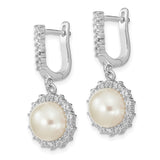 Sterling Silver RH 8-9mm Button FWC Pearl Hoop Dangle Earrings-WBC-QE13087