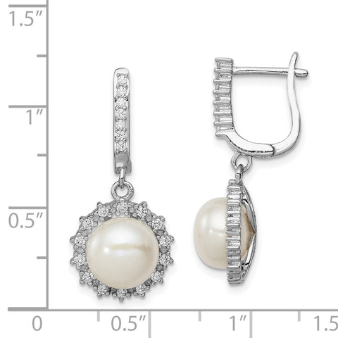 Sterling Silver RH 8-9mm Button FWC Pearl Hoop Dangle Earrings-WBC-QE13087