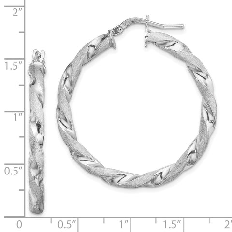 Sterling Silver RH-Plated Satin Polished Twisted 3x35mm Hoop Earrings-WBC-QE13186