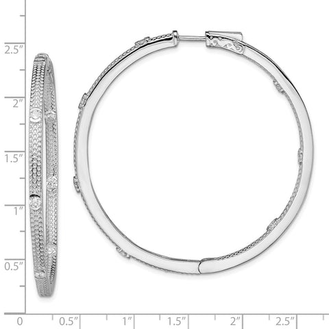 Sterling Silver Rhod-plated CZ In/Out Round Hinged Hoop Earrings-WBC-QE13715