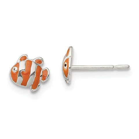 Sterling Silver Polished Enameled Clown Fish Post Earrings-WBC-QE13833