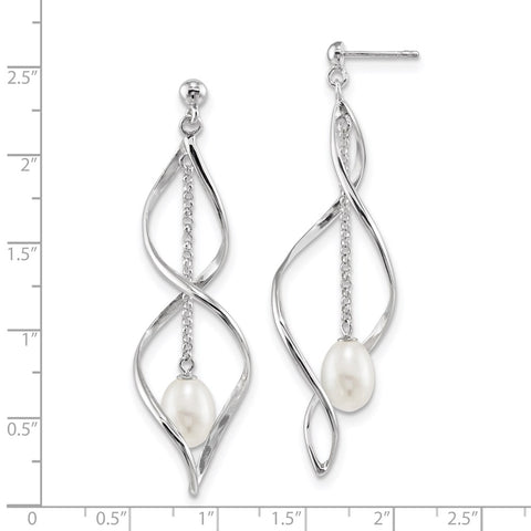 Sterling Silver RH 7-8mm White Rice FWC Pearl Post Dangle Earring-WBC-QE13852