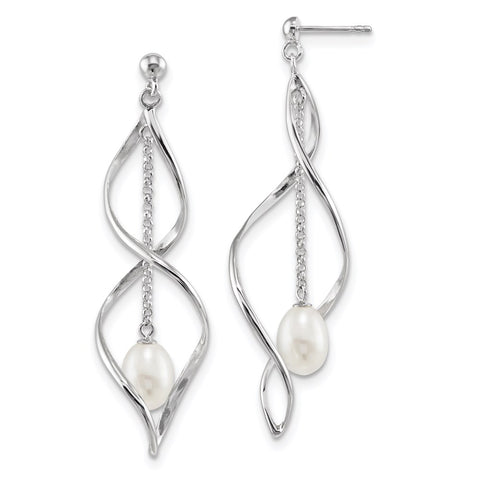 Sterling Silver RH 7-8mm White Rice FWC Pearl Post Dangle Earring-WBC-QE13852