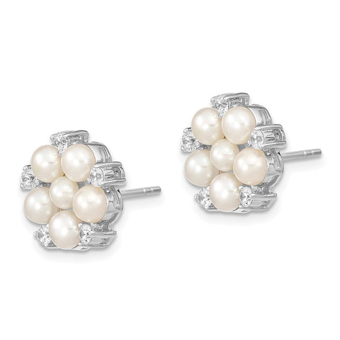 Sterling Silver RH 3-5mm White Button FWC Pearl CZ Post Earrings-WBC-QE13869