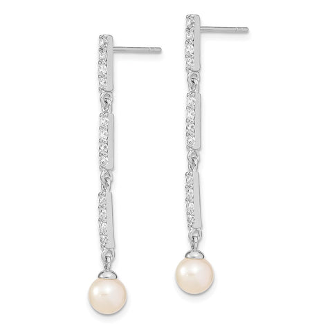 Sterling Silver Rhodium-plated 6-7mm Rice FWC Pearl CZ Post Dangle Earrings-WBC-QE13874