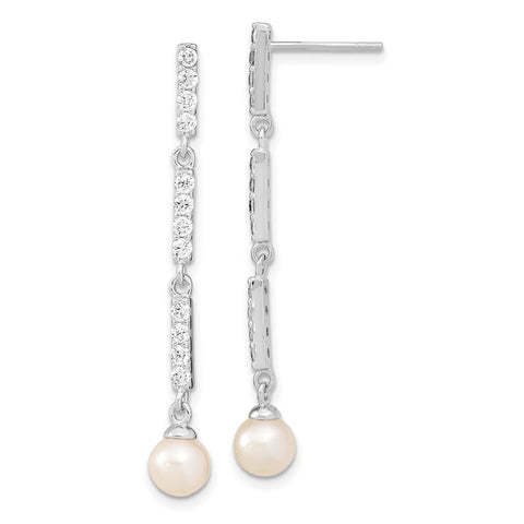 Sterling Silver Rhodium-plated 6-7mm Rice FWC Pearl CZ Post Dangle Earrings-WBC-QE13874