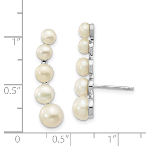 Sterling Silver RH 4-6mm White Button FWC Pearl Ear Climber Post Earrings-WBC-QE13885