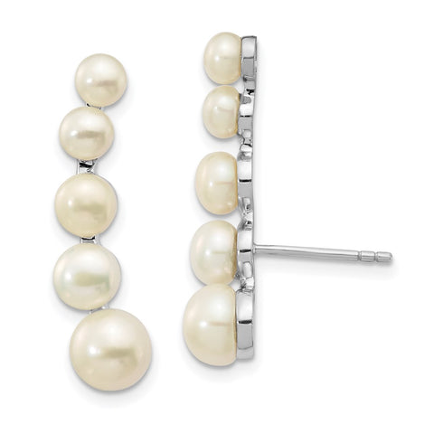 Sterling Silver RH 4-6mm White Button FWC Pearl Ear Climber Post Earrings-WBC-QE13885