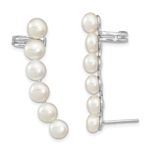 Sterling Silver RH 5-6mm White FWC Pearl Ear Climber/Cuff Earrings-WBC-QE13886