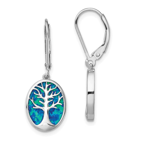 Sterling Silver Rhod-plated Creat Opal Tree of Life Leverback Earrings-WBC-QE14033