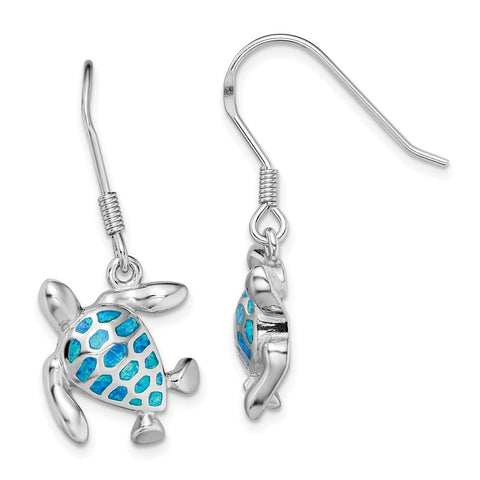 Sterling Silver Rhodium-plated Blue Created Opal Turtle Earrings-WBC-QE14038