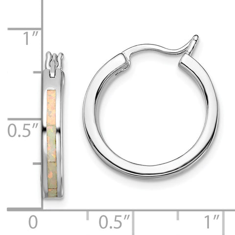Sterling Silver Rhodium-plated White Created Opal Hoop Earrings-WBC-QE14045