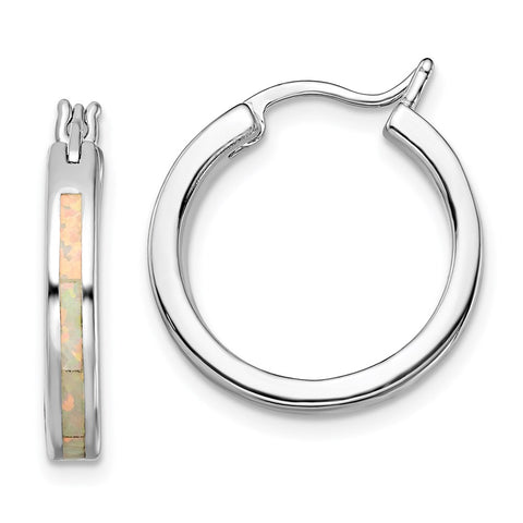Sterling Silver Rhodium-plated White Created Opal Hoop Earrings-WBC-QE14045
