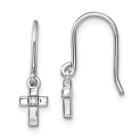 Sterling Silver Rhodium Diam. Cross Dangle Shepherds Hook Earrings-WBC-QE14048