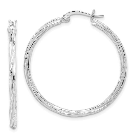 Sterling Silver Rhodium Plated 2x35mm Twisted Hoop Earrings-WBC-QE14101