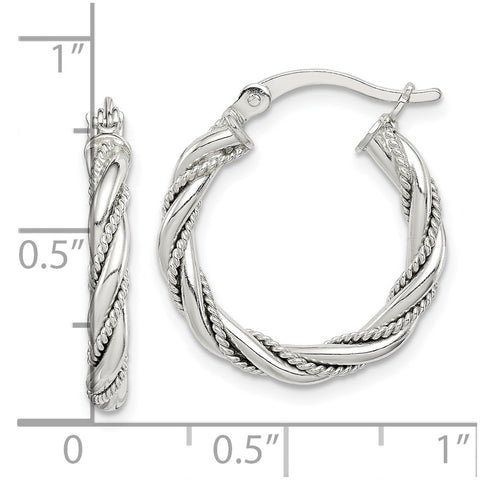 Sterling Silver Twisted Textured 3x20mm Hoop Earrings-WBC-QE14117