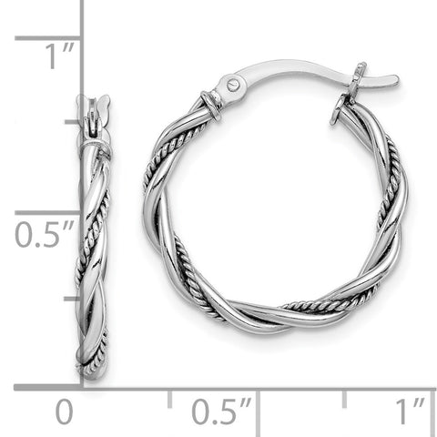 Sterling Silver RH-plated Antiqued 2x20mm Twisted Hoop Earrings-WBC-QE14162