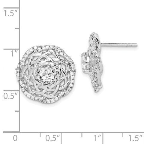 Sterling Silver Rhodium-plated 5mm CZ Center Woven Post Earrings-WBC-QE14228