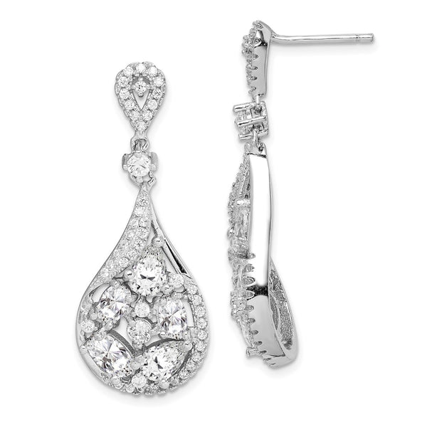 Sterling Silver Rhodium-plated CZ Teardrop Dangle Post Earrings-WBC-QE14244