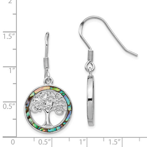 Sterling Silver Rhodium-plated Abalone Circle w/ Tree Dangle Earrings-WBC-QE14293